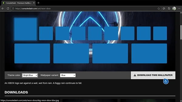 A screenshot of Edge on XBOX, showing the Neon Xbox wallpaper page, with the cursor hovering over the download button.