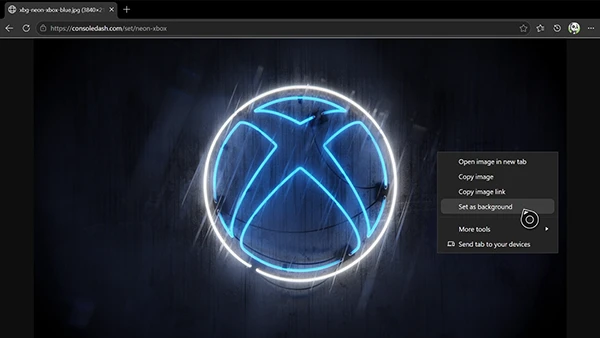A screenshot of Edge on XBOX, showing the downloaded wallpaper and the context menu open, with the cursor hovering over 'Set as background'.