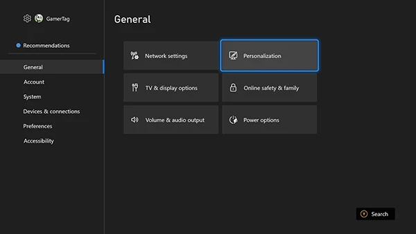 A screenshot of the XBOX settings menu, with the General tab selected and Personalization button highlighted.