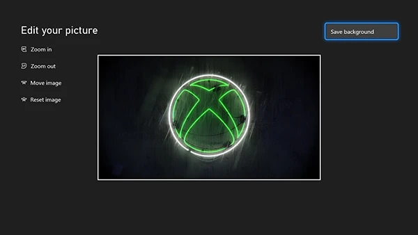 A screenshot of a prompt in the XBOX file picker. The prompt is titled 'Edit your picture' and a button labeled 'Save background' is highlighted.